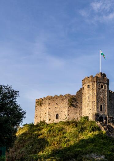 A castle stronghold on a grassy mound, with a Welsh flag flying from the top