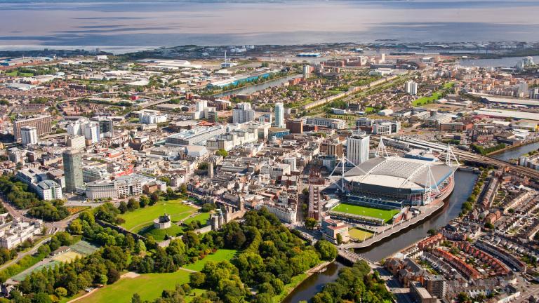 Aerial view of city centre and Bristol Channel, Cardiff, South East Wales