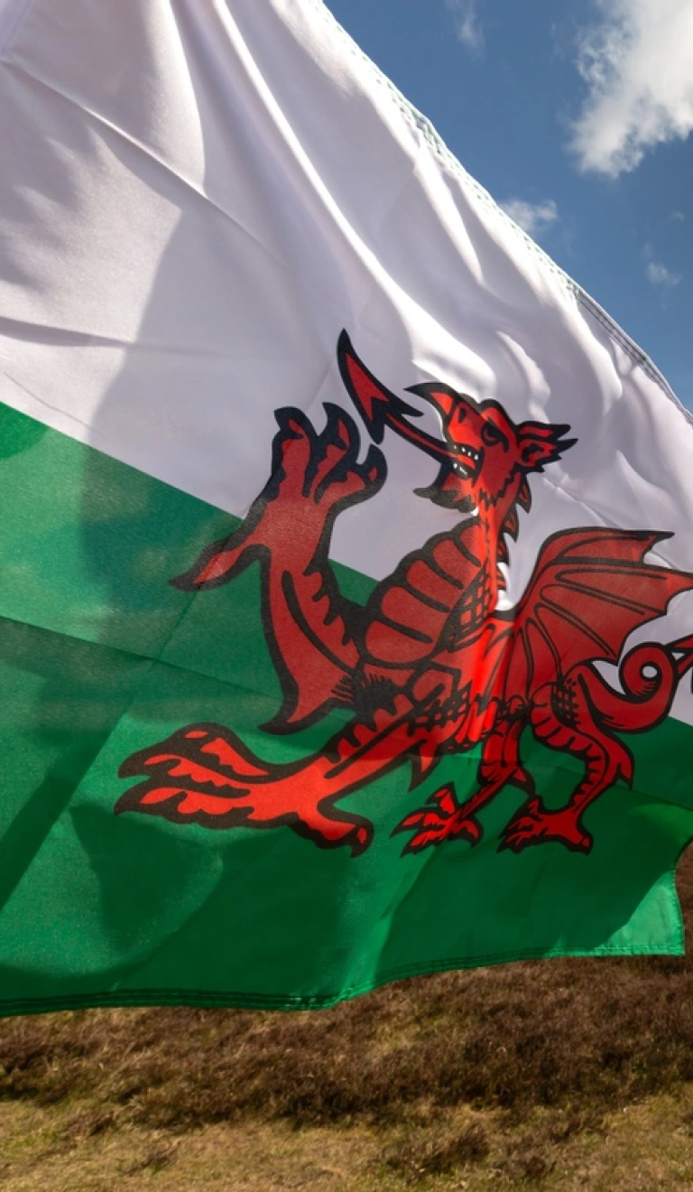 A Welsh flag blowing in the wind across a beautiful mountainous moorland scene