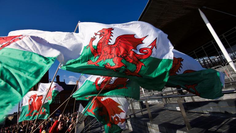 Banderas de Gales sostenidas por una multitud de personas