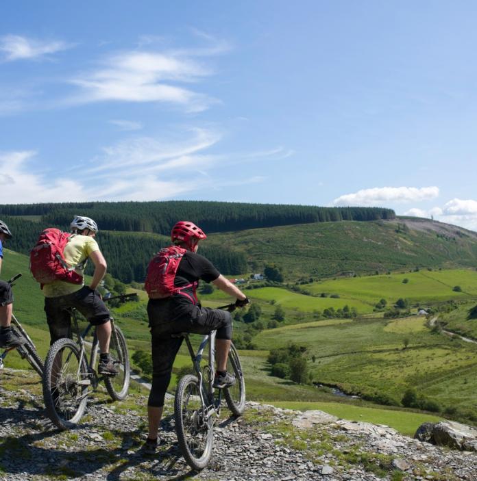 Trois cyclistes de montagne regardant une vallée verdoyante
