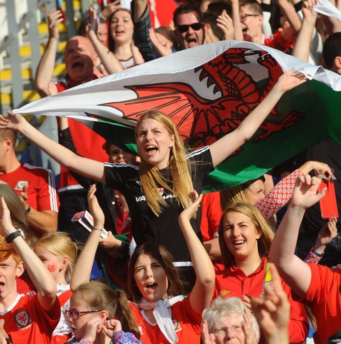 Una multitud de personas sonriendo y animando en un partido de fútbol de Gales