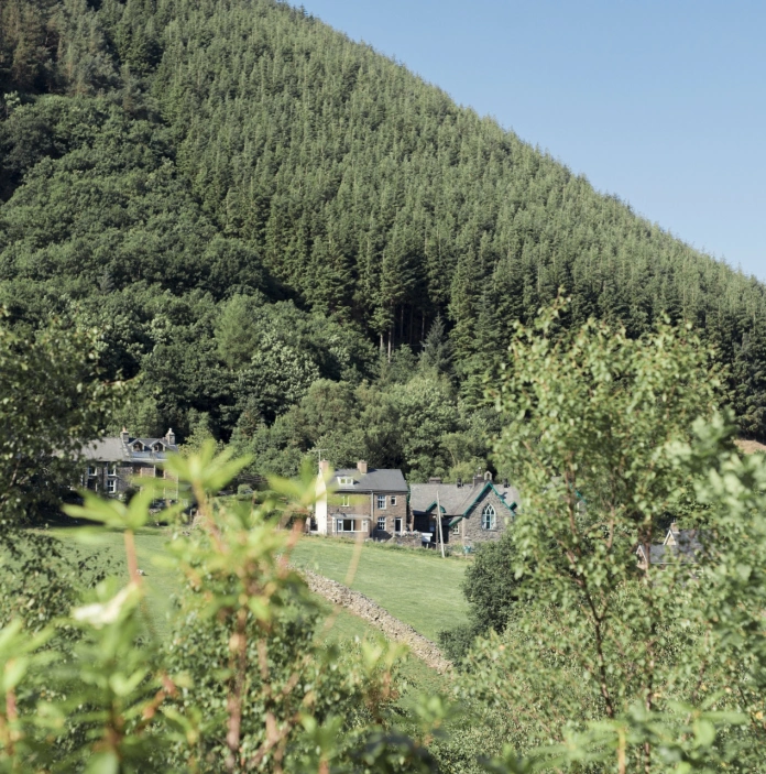 Stone buildings surrounded by trees and grass.