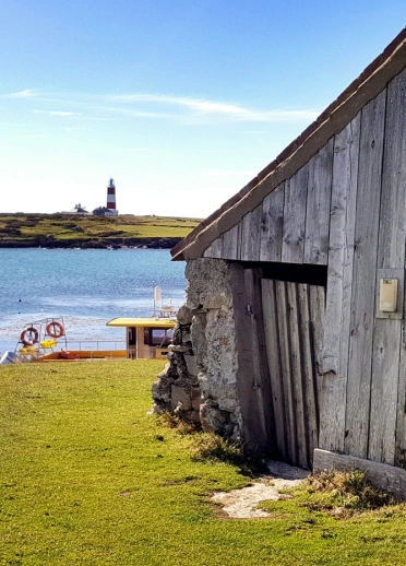 Una cabaña de madera junto a la hierba y el mar con un faro en el fondo