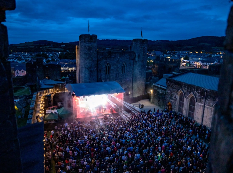 A crowd of people watching a band playing on a stage.