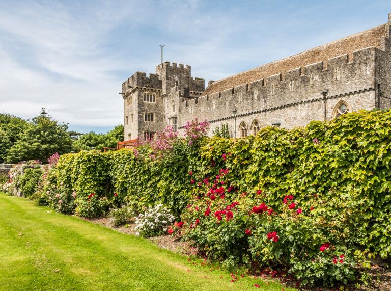 Un muro de castillo junto a un arbusto de flores y un césped verde.