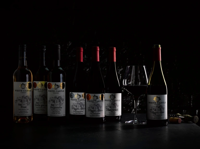 7本のボトルと白と赤ワイン