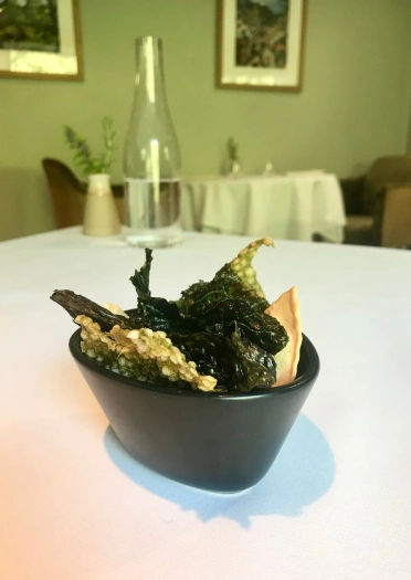 Refrigerio: Col rizada a la barbacoa, hojas de bronceado, galleta allium, ajo silvestre fermentado, cuajada de apio, polvo de cebolla marrón