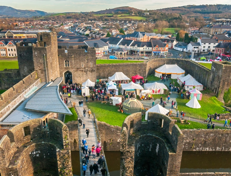 Overview from inner ward tower Medieval Christmas Fayre, Caerphilly Castle