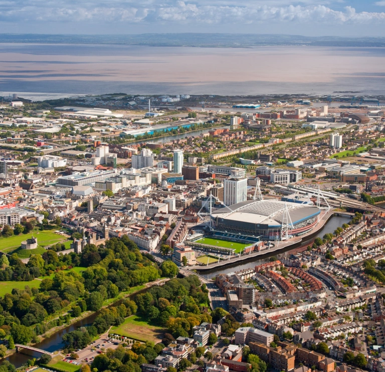 Aerial view of city centre and Bristol Channel Cardiff South Town