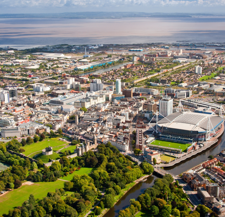 Aerial view of city centre and Bristol Channel, Cardiff, South East Wales