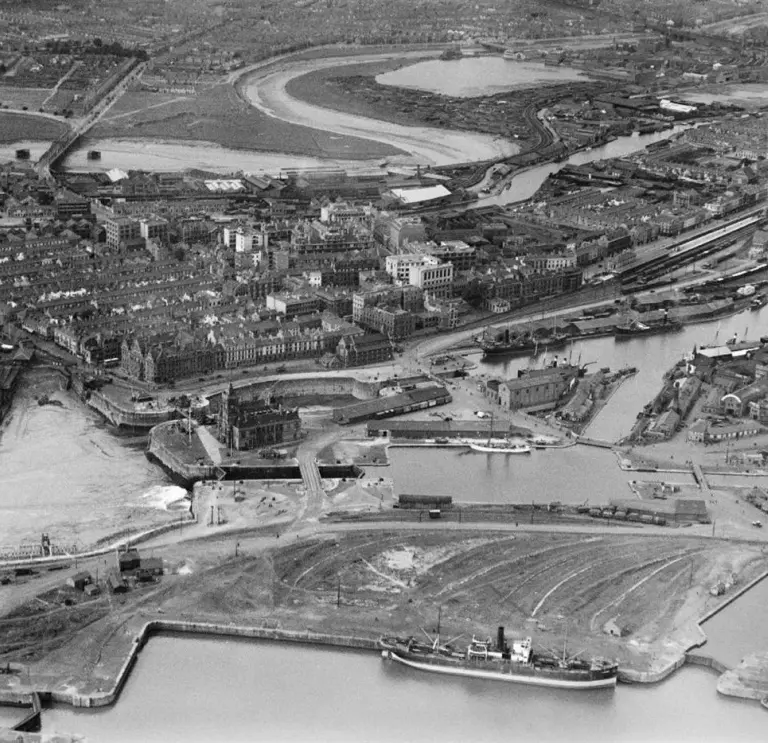 Black and white aerial image of Cardiff Docks (historical).