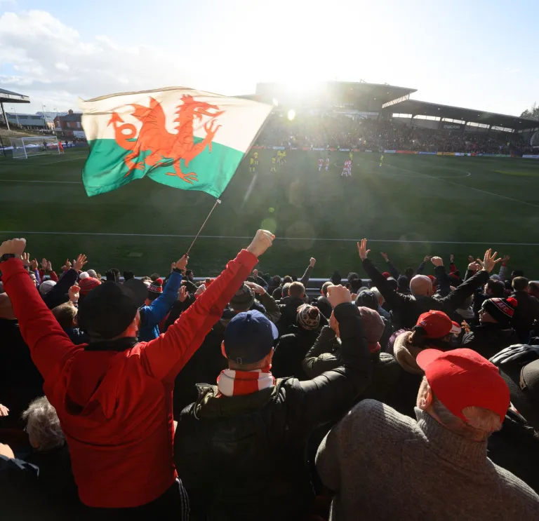 サッカーの試合を応援する観客。スタジアムの座席ではウェールズの国旗がはためいています。