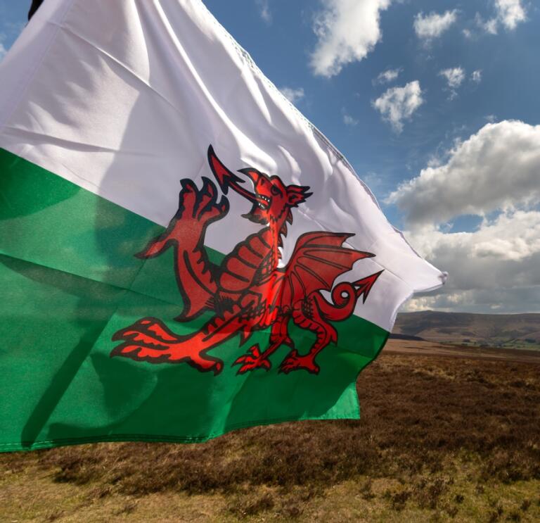 Un drapeau gallois flotte au vent devant une magnifique scène de lande montagneuse.