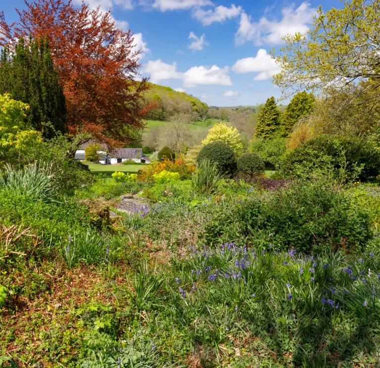 A stone cottage surrounded by trees and countryside.