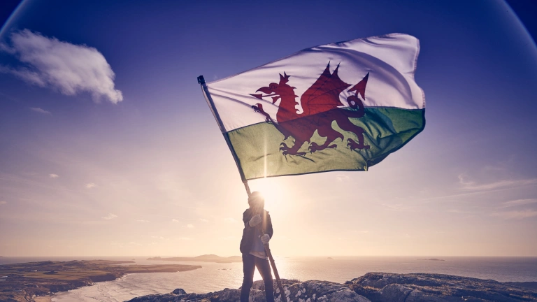 Person, die die Flagge von Wales hält.