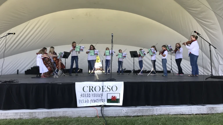 Una orquesta tocando en un escenario.