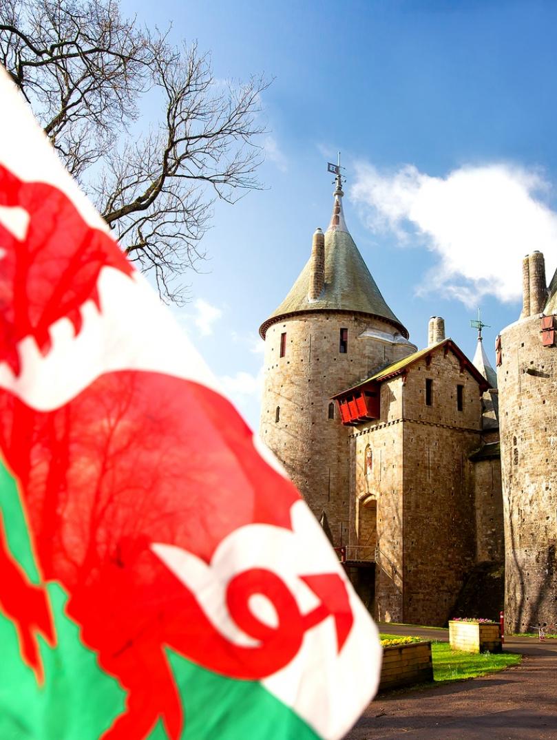 Welsh flag flying in front of castell coch