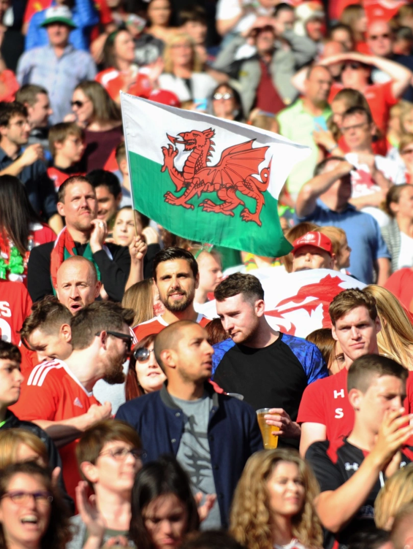 A crowd of people and a Welsh flag.