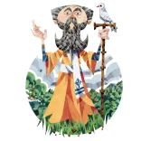 Illustrated image of a man wearing religious robes, holding a staff in one hand with a dove on it