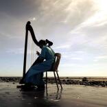 Une jeune harpiste en robe longue, assise et jouant de la harpe sur une belle plage déserte.